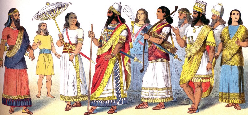 The Assyrian Empire of West Asia began around Ashur on the upper Tigris River. It reached its height in the 600s B.C. The five figures to the left depict Assyrian warriors. The Assyrian figures depicted in this illustration are, from left to right: a prime minster, a commoner, an umbrella-bearer, a king, a fan-bearer, a weapon-bearer, and four court officials.