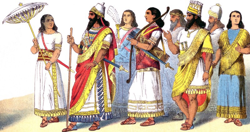 The Assyrian Empire of West Asia began around Ashur on the upper Tigris River. It reached its height in the 600s B.C. The Assyrian figures depicted in this illustration are, from left to right: an umbrella-bearer, a king, a fan-bearer, a weapon-bearer, and four court officials.