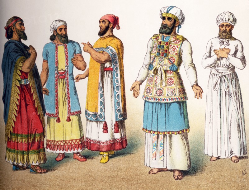The figures illustrated here are five Hebrew figures from the ancient Middle East. They represent, from left to right: three Hebrews, a Hebrew high priest in full dress, a Hebrew high priest during the Feat of Expiation, a day of fasting and offering repentance for sin. The illustration dates to 1882.