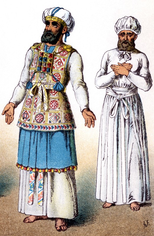 The figure at left represents an ancient Hebrew high priest in full dress. The figure illustrated at right here is a Hebrew high priest during the Feat of Expiation, a day of fasting and offering repentance for sin. The illustration dates to 1882.The illustration dates to 1882.