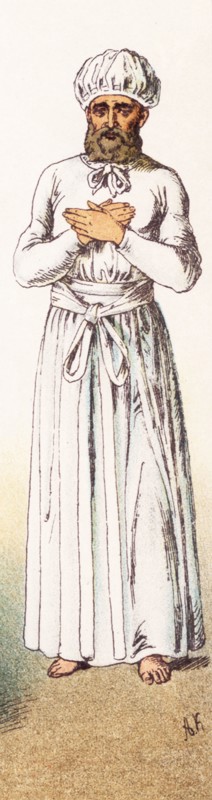The figure illustrated here is a Hebrew high priest during the Feat of Expiation, a day of fasting and offering repentance for sin. The illustration dates to 1882.
