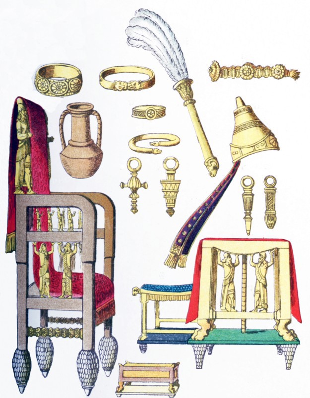 The objects pictured, from left to right and top to bottom, are from ancient Assyrian times: four armlets, fan, diadem, water vessel, four ear pendants, tiara, throne, footstool, seat, table.