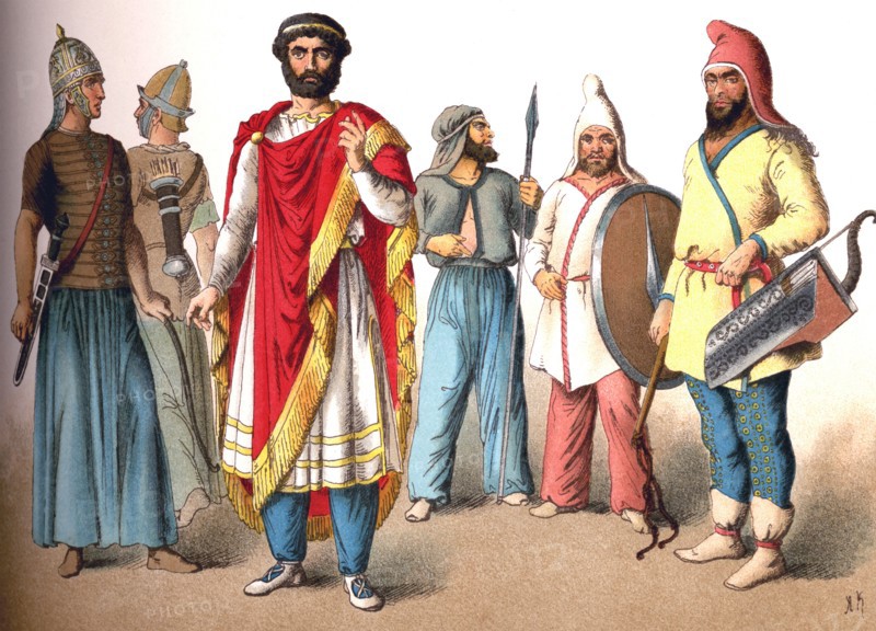 The figures represent, from left to right: two Sarmatian warriors, a Dacian king, two Scythian warriors, and Scythian prince. The Sarmatians occurpied the area along the lower Don River, around the 3rd century B.C. to the 2nd century A.D. ; the Scythians occupied an area in Eastern Europe on the north shore of the Black Sea and were replaced by the Sarmatians in the 3rd century B.C.; and the Dacians occupied the region of the Roman Empire that is roughly modern-day Transylvania and Romania.