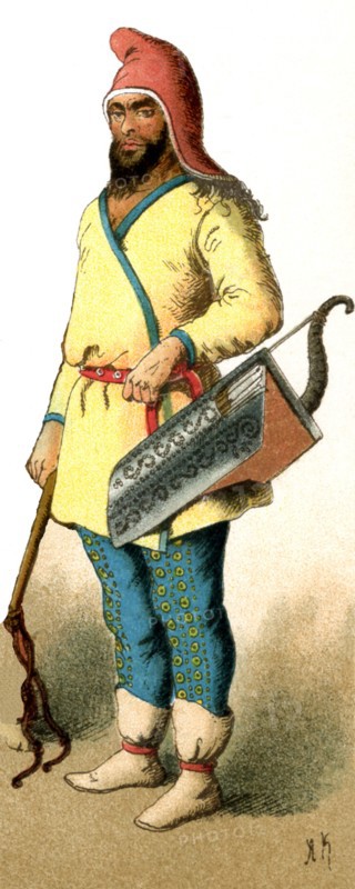 This figure represents a Scythian prince. The Scythians occupied an area in Eastern Europe on the north shore of the Black Sea and were replaced by the Sarmatians in the 3rd century B.C. This illustration dates to 1882. .