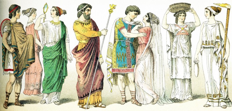 The ancient Greeks represented here are, from left to right: a Greek in traveling clothes, two women, a king, a bridal couple, a female basket-bearer at a sacrificial festival, and a priestess of the goddess Ceres. Note that at the great Athenian festival in honor of Athena, the Panathenaic Festival, the honored position of basket bearer was given to unmarried young women, who were known as Kanephoros (also spelled Canephorae). Caryatids, columns in the shape of women with the column capitals on their heads, were based on them - there are several on the Acropolis, s part of the Erechtheion. The illustration dates to 1882.