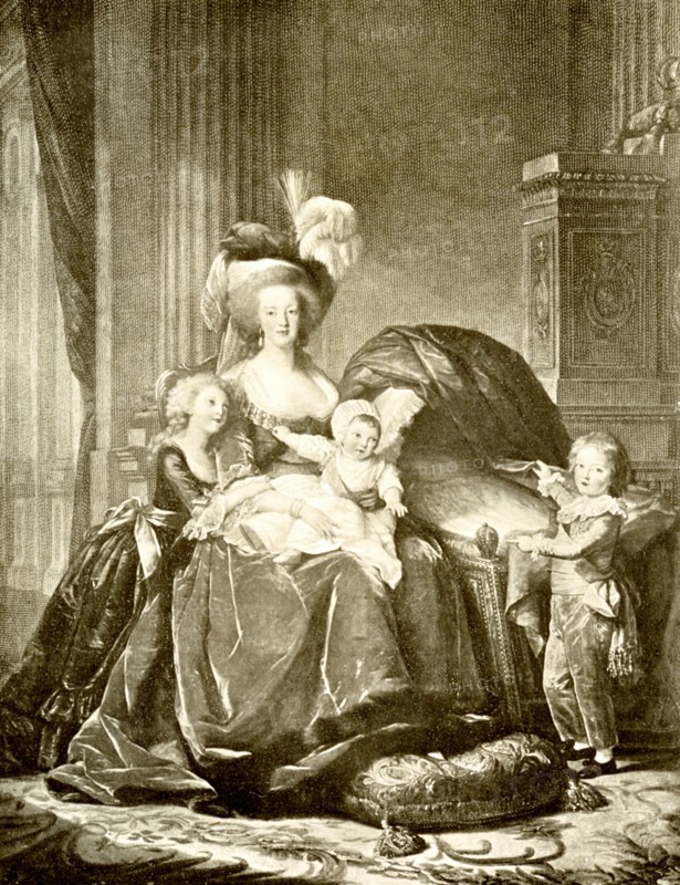 This image shows Marie Antoinette and her children. It is from a photograph by Braun, Clement & Co, New York, of a painting by Madame Vigee Lebrun, in the Museum at Versailles.