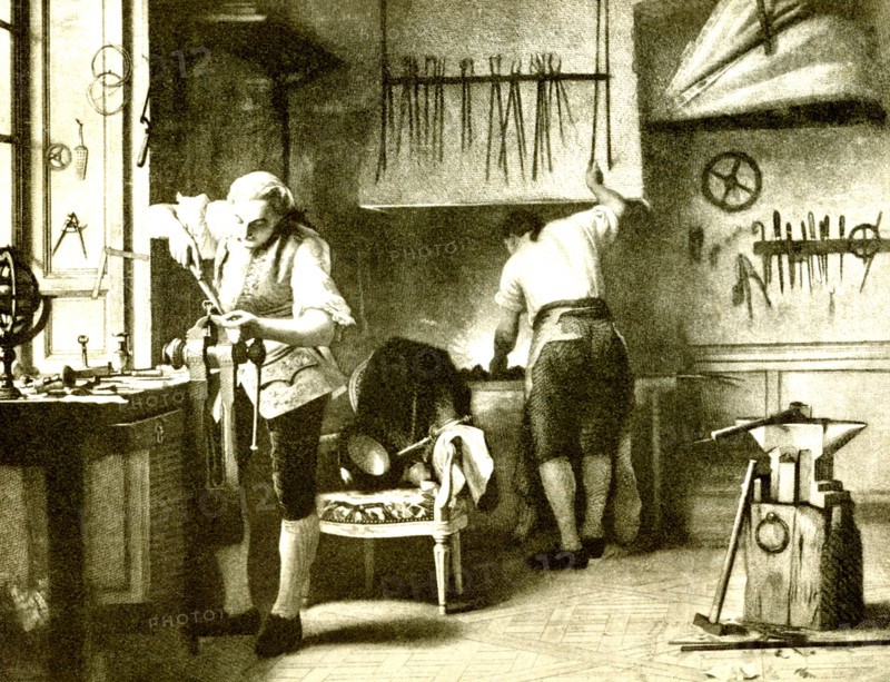 This image shows Louis XVI at the forge at Versailles. Louis XVI was an amateur blacksmith.