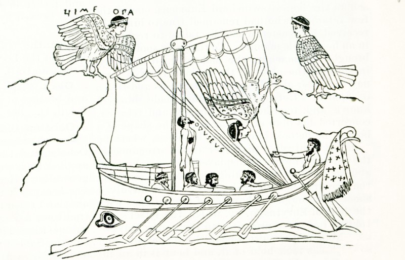 This illustration dates to 1897. It shows the Greek Trojan War hero Odysseus being tempted by the Sirens. It is based on the design on an ancient Greek vase in the British Museum. When Odysseus passed the Sirens, he had himself bound to the mast and his men's ears blocked to avoid being tempted by their alluring songs and calls.