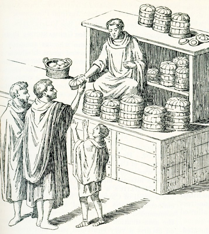This illustration, dating to 1897, reproduces a painting uncovered on a wall in Pompeii, a town in Italy destroyed in the eruption of the volcano Mt Vesuvius in 79 A.D. It shows a baker in his shop selling loaves of bread.