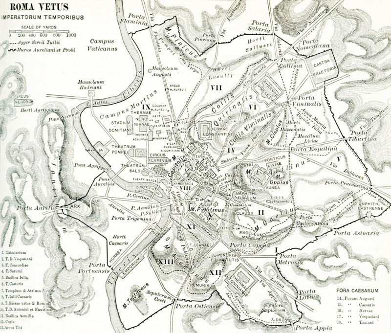 This map of Rome shows the city during the period of the emperors: from the first emperor Augustus (27 B.C. - 14 A.D.) to Trajan (98-117 A.D.). The legend is as follows: I. Tabularium; II. Templum D. Vespasian; III. Templum Castor; IV. Templum Saturnus; V. Basilica Iulia; VI. Templum Castor; VII. Templum & Atrium of Vesta; VIII. Templum Iulius Caesar; IX. Templum of the Sacred City & Romulus; X. Templum D. Antonius; XI. Basilica Aemilia; XII. Curia; XIII. Arcus Titus; XIV. Forum of Augustus; XV. Forum of Caesar; XVI. Forum of Nerva; XVII. Forum of Vespasian; XVII. Forum of Trajan. Note: The doted line shows the wall of Servius Tullius. The dark line shows the wall of Aurelian and Probus.