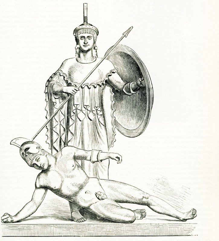 Depicted in this drawing of the central figures of the West Gable or Pediment of the Temple of the goddess Aphaia on the island of Aegina. The ancient Greeks associated Aphaia with fertility and agriculture. In time, she came to be identified with the goddess Athena and also with the goddess Artemis. Here Aphaia is seen standing above a fallen Greek warrior, most likely Ajax.