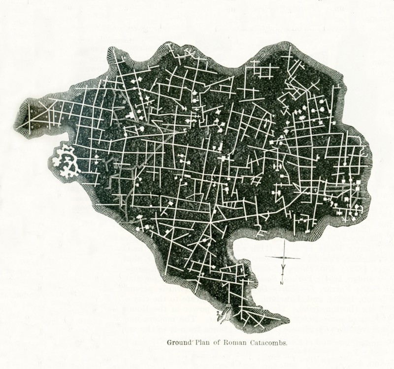 This ground plan of Roman catacombs dates to 1897. These catacombs were originally quarries, some of which predate the founding of Rome (said to be 753 B.C.). They were said to be extended so that eventually all the seven hills of Roime were pierced by them. They are low dark corridors or vaulted halls excavated in the soft volcanic tufa and puzzolana, in the lateral walls of which apertures were made for the recpetion of corpses. In all there are some 40 Catacombs, each forming a network of galleries, usually intersectionm one another at right angles.The whole length of the Roman catacombs is form 500 to 550 miles is it is estimated that they contained fully 6 million bodies.