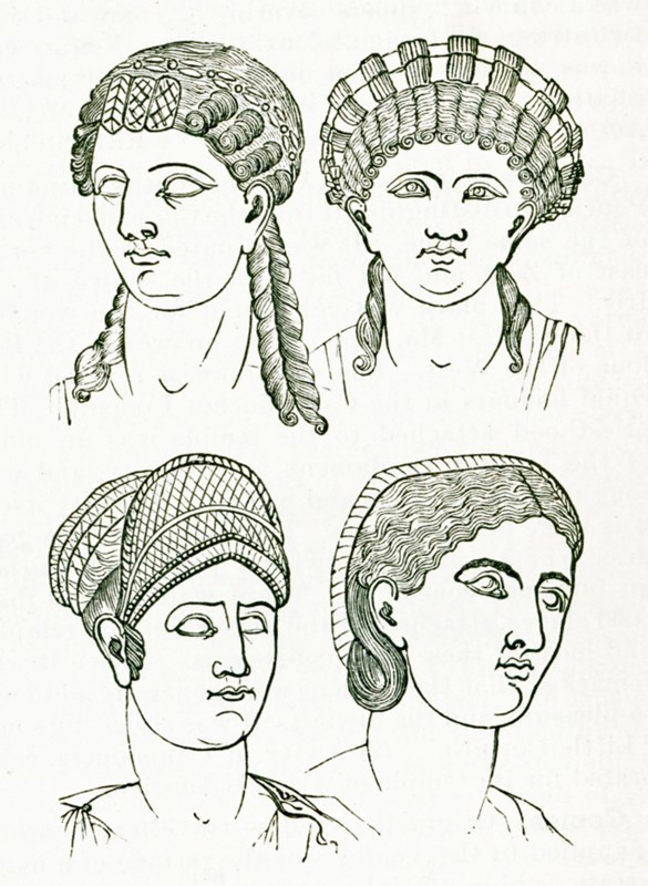 These illustrations of ancient Roman hairstytles date to 1897. They represent; from left to right; top to bottom: Octavia; Messalina (wife of Claudius); Sabina (wife of Hadrian); and Plautilla (wife of Caracalla). The bust of Octavia is in the Capitoline museum in Rome. The busts of the other three are in the British Museum in London. Octavia was the sister of the first Roman emperor; Augustus (ruled 27 B.C. to 14 A.D.); and the fourth wife of Mark Antony. Claudius was emperor of Rome from 41 to 54 a.D.; Hadrian was Roman emperor from 117 to 138 a.D. Caracalla was Roman emperor from 198 to 217 A.D.