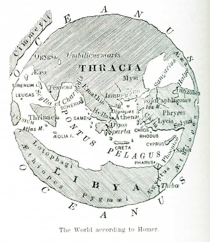 This image shows a map of the world ""according to the Greek poet Homer."" In his Iliad, the world is a round plain encircled by a great river known as Oceanus, The sky is a great concave roof propped up by pillars that the mighty Atlas upholds. On the largte, flat disc of the earth is a sort of belt or zone that includes the lands of which he was aware. To the north are milk-fed nomads. Near the banks of Oceanus are the pygmies. Mentioned are Thracia, Libya, Phryges, Pontus Pelagus, and others. Homer's Odyssey includes many more names, including Scylla and Charybdis.