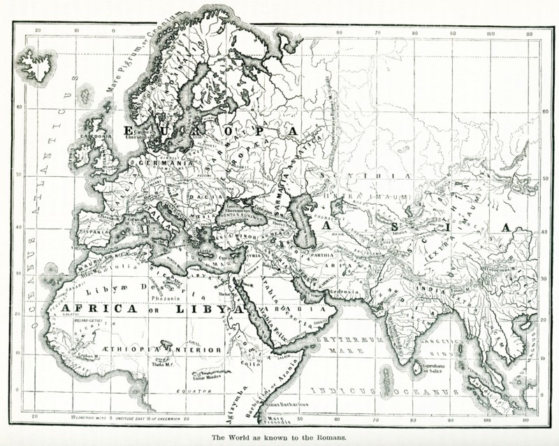 This map shows the world as it was known to the ancient Romans. Europe, Africa and Asia are all seen in much detail, considering the time period. .