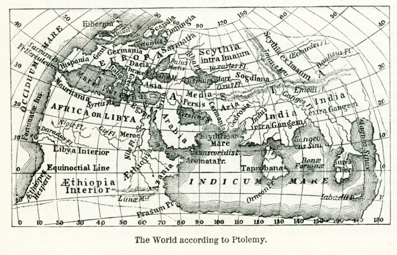 Pictured here is the world according to Ptolemy, an Alexandrian astronomer who lived around 150 A.D. His map consisted mainly of lists of places marked on the maps that were circulating at the time and that he made his authorities. He added latitudes and longitudes.