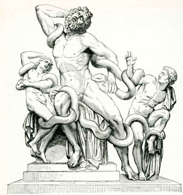 This image dates to 1897 and is a copy of a statue of Laocoon and his sons. According to Greek mythology, Laocoon warned the Trojans about bringing the wooden horse fashioned by the Greeks into Troy. To quiet his protests, a god who favored the Greeks (some say Athena, others Poseidon, others Zeus) sent to sea serpents to kill him - and with him, his sons.