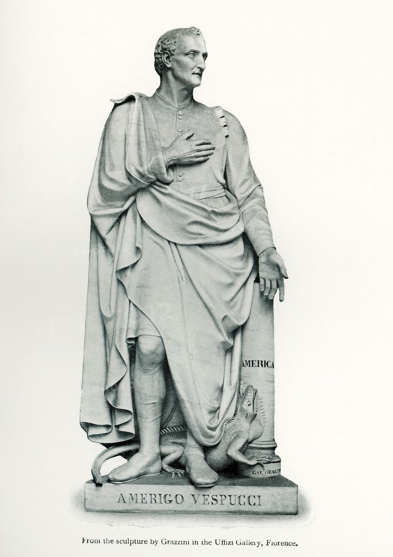 This photo dating to 1912 shows Amerigo Vespucci, a sculpture of him by Grazzini that is housed in the Uffizi Gallery in Florence. Vespucci (1454-1512) was an Italian explorer, financier, navigator, and cartographer who was born in the Republic of Florence. He is best known for his namesake: the continents of North and South America.