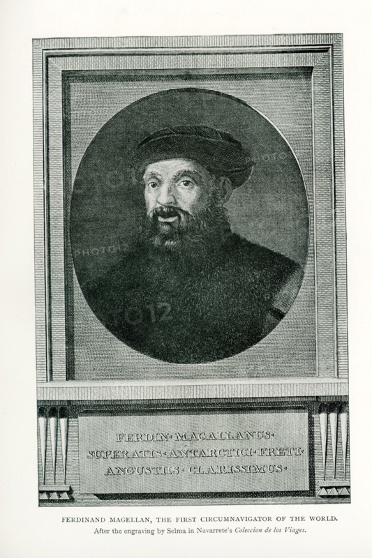 This illustration dates to 1912 and the caption reads: Ferdinand Magellan, the First Circumnavigator of the world. After the engraving by Selma in Navarrete''s Coleccion de los Viages. Magellan was a Portuguese explorer who organized the Spanish expedition to the East Indies from 1519 to 1522, resulting in the first circumnavigation of the Earth, completed by Juan Sebastiv°n Elcano. Magallanes y La Antarctica Chilena is the largest and southernmost region of Chile. Named for Ferdinand Magellan, the Portuguese navigator, it became a colonial territory in 1853 and a province in 1929.
