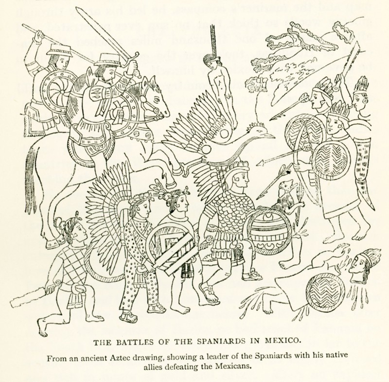 This illustration shows ""The Battles of the Spaniards in Mexico. From an ancient Aztec drawing, showing a leader of the Spaniards with his native allies defeating the Mexicans."" The time period is the early 1500s.