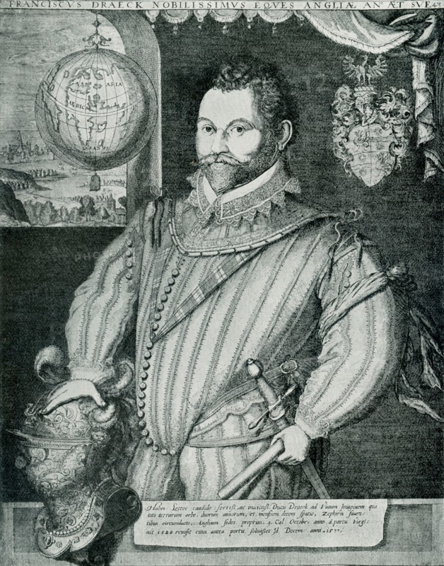 This images dates to 1912. It shows Sir Francis Drake and the caption reads: Sir Francis Drake. The First Englishman to Sail Round the World. It is based on an engraving attributed to Hondius. Jodocus Hondius (in Dutch: Joost de Hondt) was a Flemish engraver and cartographer. He was born in 1563 and died in 1612. Drake carried out the second circumnavigation of the world in a single expedition, from 1577 to 1580, and was the first to complete the voyage as captain while leading the expedition throughout the entire circumnavigation.