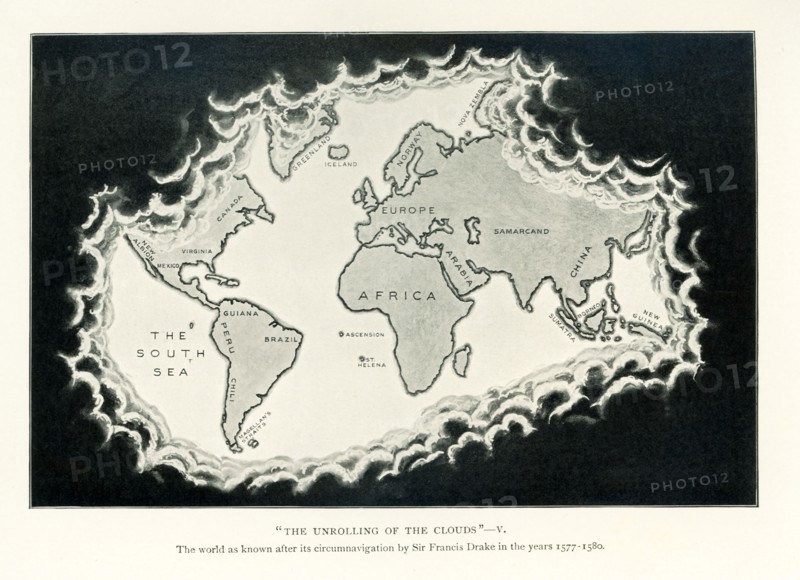 This illustration dates to 1912 and is part of a series of maps titled: ""The Unrolling of the Clouds."" It is the fifth in the series. It shows the world as known after the circumnavigation by Sir Francis Drake in the years 1577-1580. The First Englishman to Sail Round the World. Drake carried out the second circumnavigation of the world in a single expedition, from 1577 to 1580, and was the first to complete the voyage as captain while leading the expedition throughout the entire circumnavigation. .