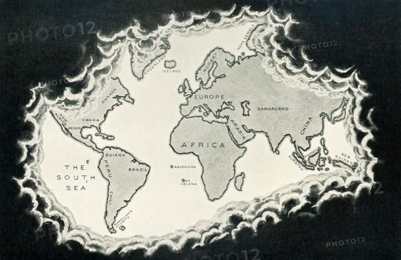 This illustration dates to 1912 and is part of a series of maps titled: ""The Unrolling of the Clouds."" It is the fifth in the series. It shows the world as known after the circumnavigation by Sir Francis Drake in the years 1577-1580. The First Englishman to Sail Round the World. Drake carried out the second circumnavigation of the world in a single expedition, from 1577 to 1580, and was the first to complete the voyage as captain while leading the expedition throughout the entire circumnavigation. .