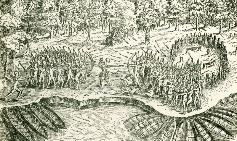 This illustration from a drawing in Champlain's Voyages published in 1713 shows The defeat of the Iroquois by Champlain and his party of Lake Champlain. Samuel de Champlain was a French colonist, navigator, cartographer, draftsman, soldier, explorer, geographer, ethnologist, diplomat, and chronicler. He made between 21 and 29 trips across the Atlantic Ocean, and founded Quebec, and New France, on July 3, 1608. .