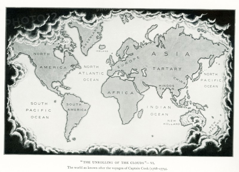 This illustration dates to 1912 and is part of a series of maps titled: ""The Unrolling of the Clouds."" It is the sixth in the series. It shows the world as known after the voyages of Captain Cook (1768-1779).