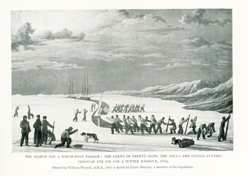This illustration dates to 1912 and the caption reads: The Search for a North-west Passage: the Crews of Parry's Ships, the Hecla and Griper, Cutting Through the Ice for a Winter Harbour, 1819. Drawn by William Westall, A.R.A., after a sketch by Lieut. Beechey, a member of the expedition. Parry was an English explorer of the Arctic who was known for his 1819 expedition through the Parry Channel, probably the most successful in the long quest for the Northwest Passage. In 1827 he attempted one of the earliest expeditions to the North Pole.