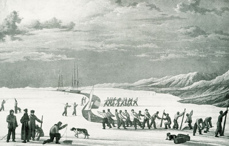 This illustration dates to 1912 and the caption reads: The Search for a North-west Passage: the Crews of Parry's Ships, the Hecla and Griper, Cutting Through the Ice for a Winter Harbour, 1819. Drawn by William Westall, A.R.A., after a sketch by Lieut. Beechey, a member of the expedition. Parry was an English explorer of the Arctic who was known for his 1819 expedition through the Parry Channel, probably the most successful in the long quest for the Northwest Passage. In 1827 he attempted one of the earliest expeditions to the North Pole.
