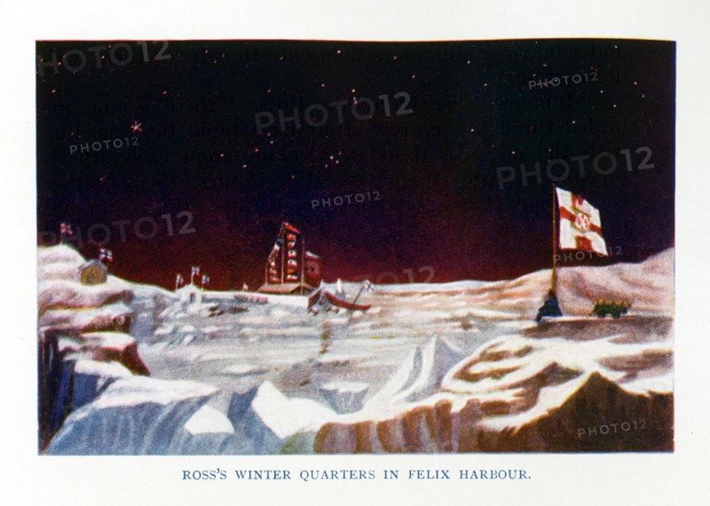This illustration dates to 1912. John Ross's ship Victory, with all flags flying, trapped in the Arctic ice in Felix Harbour, Christmas Day 1829. ""The brilliancy of Venus [top left of image] was a spectacle which was naturally contemplated as in harmony with the rest of the day."" John Ross and his nephew James Clark Ross endured four winters trapped in the Arctic ice on an expedition to find the elusive Northwest Passage. Their first winter was spent at Felix Harbour on the eastern tip of Boothia Felix (now known as the Boothia Peninsula). John Ross was knighted in 1834 following his return to England. The captions read: TOP: Ross's Winter Quarters in Felix Harbour. The image is from Drawings by Ross in his Narrative of a Second Voyage in Search of a North West Passage. Ross (1777-1856) was a British Royal Naval Officer.