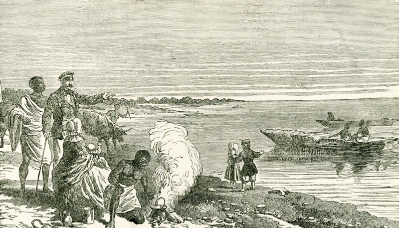 This illustration is from Livingstone's Missionary Travels. It shows Livingstone, with his wife and family, at the discovery of Lake Ngami. David Livingstone was a Scottish physician, Congregationalist, and pioneer Christian missionary with the London Missionary Society, an explorer in Africa, and one of the most popular British heroes of the late 19th-century Victorian era. Livingstone dies in 1873. He was at Lake Ngami in 1849.