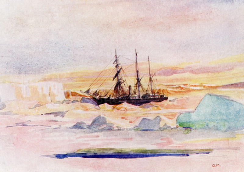 Seen here is Shackleton's Ship, the Nimrod, among the ice in McMurdo Sound, the Winter Land Quarters of the British Antarctic Expedition. The caption continues: By Sir Ernest Shackelton's permission from his book ""The Heart of the Antarctic,"" publsihed by. Mr. Heinemann. Shackleton was a British polar explorer who led three British expeditions to the Antarctic. He was one of the principal figures of the period known as the Heroic Age of Antarctic Exploration. Shackleton went into McMurdo Sound in 1908. He died in 1922.