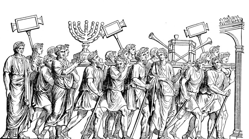 The Roman emperor Domitian erected the Arch of Titus in rome in memory of his predecessor, Titus who had ruled as emperor of the Roman Empire from A.D. 78-81. Under Titus, the Romans had sacked the city of Jerusalem. This drawing depicts the relief carved on the arch, showing Romans looting Jerusalem and taking the seven-branched golden cnadlestick (the menorah) from the Jewish temple in the city.