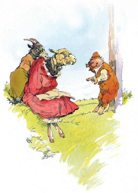 J.M. Conde illustrated the tales of the legendary Greek Fablist Aesop, including the story of the Pig, Sheep and Goat, with its moral ""we do not feel a danger not our own."" Conde published his drawings in 1905 in New York.