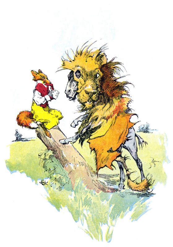 J.M. Conde illustrated the tales of the legendary Greek Fablist Aesop, including the story of the Donkey in the Lion's Skin, with its moral ""those who assume a character generally over-act."" Conde published his drawings in 1905 in New York.