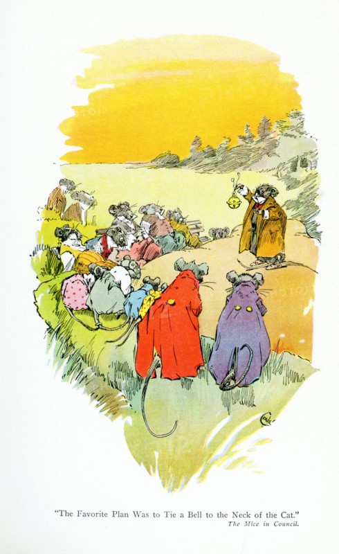 J.M. Conde illustrated the tales of the legendary Greek fablist Aesop.The one here is ""Bell the Cat,"" with the moral: It is one thing to say something should be done, but quite a different matter to do it. Conde published his drawings in 1905 in New York. Aesop was a sixth-century B.C. legendary composer of Greek fables, whose characters were animals. Each fable had a moral. It was said that Aesop was a slave and had been freed by his master. .