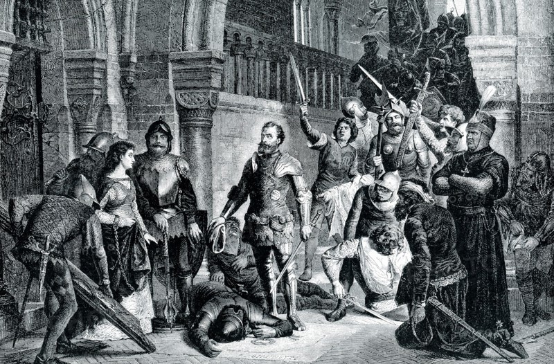 The early 1900s caption reads: ""MARY OF HUNGARY RESCUED BY THE VENETIANS.‚ÄîIn one of the troublous ages of Hungary, its queen, Mary, was seized by some of her rebellious subjects and imprisoned. Her mother was slain before her eyes, and she herself was only finally rescued by the Venetians under their captain, John Barberigo, who stormed the castle in which she lay. Our artist has chosen the moment when the heroic knight, panting with his exertions, has just burst down the door of the cell, from which issues the captive queen, pale and wan, with dangling chains."" .
