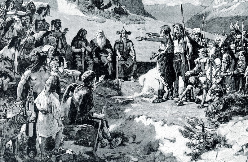 The early 1900s caption reads: ""HELVETIANS PLANNING THEIR MIGRATION.‚ÄîThe Helvetians were a tribe of Gauls, living in what is now Switzerland. They were constantly assailed by hordes of Germans as wild and fierce and more numerous than they. At length they held the national council which our picture shows, and decided to move in a body to some more peaceful home in the far west, by the Atlantic. Instead of peace they found death, for in their path they encountered Caesar and his Romans, and three-quarters of the entire Helvetian nation were slain."".