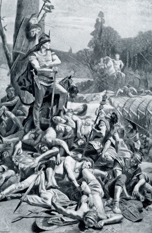 The early 1900s caption reads: ""THE LAST STAND OF THE GAULS‚ÄîCORREUS.‚ÄîCorreus, chief of the Bellovaci, was the last Gaul to fight the conquering Romans. When his tribe was finally put to flight, he remained alone upon the battlefield, dealing death right and left, aided and guarded by his savage fighting dogs, until at last the Romans drew off and overwhelmed him with arrows and javelins. The picture is partly symbolic, as beyond the stern, despairing figure of Correus we see the shadowy approach of the pale and feeble yet irresistible Omar."".
