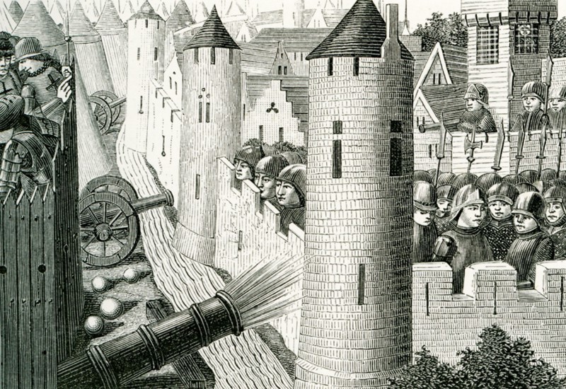 This illustration is from a book printed in France and dates to the 15th century. The caption translates: Salisbury, stationed on the second story of the fortress of Tourelles in the preparation for the siege on Orleans is fatally injured by a ball shard.