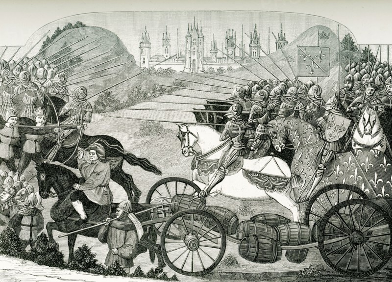The Journey of the Herrings, from a Chronicle dating to the time of Charles III, written by Jean Charetier. On the day when Jeanne d'Arc gives this battle, she went to find the sire of Baudricourt at Vaucouleurs. She says to him: In the name of God, you are taking too long to send me, today the noble Dauphin is close to great danger in d'Orleans great dammage; and he is in danger to have it even greater if you don't send me to him soon. This supply convoy consisted of ""some 300 carts and wagons, carrying crossbow shafts, cannons and cannonballs but also barrels of herring."" The latter were being sent since the meatless Lenten days were approaching. It was the presence of this stock of fish which would give the somewhat unusual name to the battle. .