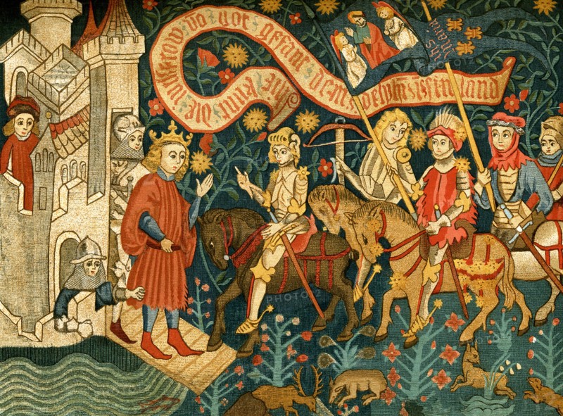 Joan of Arc (1412-1431) traveled to the castle at Chinon, a dangerous trip through enemy territory. The Dauphin Charles was there and Joan wanted to tell him that she had been sent from God to bring him aid. In this tapestry, produced in Germany in the 1400s, Charles is shown greeting Joan at the drawbridge to the castle. This did not happen, however. Rather, she was brought to the great hall and there met the Dauphin.