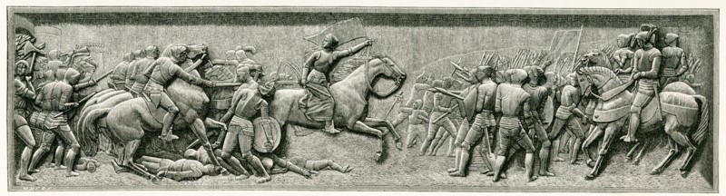 The French caption translates: Jeanne learns that in an attack that begins without her knowledge, the French are pushed back ""Ah! Snaglant boy, she said, on her page, you didn't tell me that the blood of France was spilled ‚Ä®And leaping on horseback, she runs straight toward the Porte de Bourgogne, so quick that sparks spurted from the pavement. .
