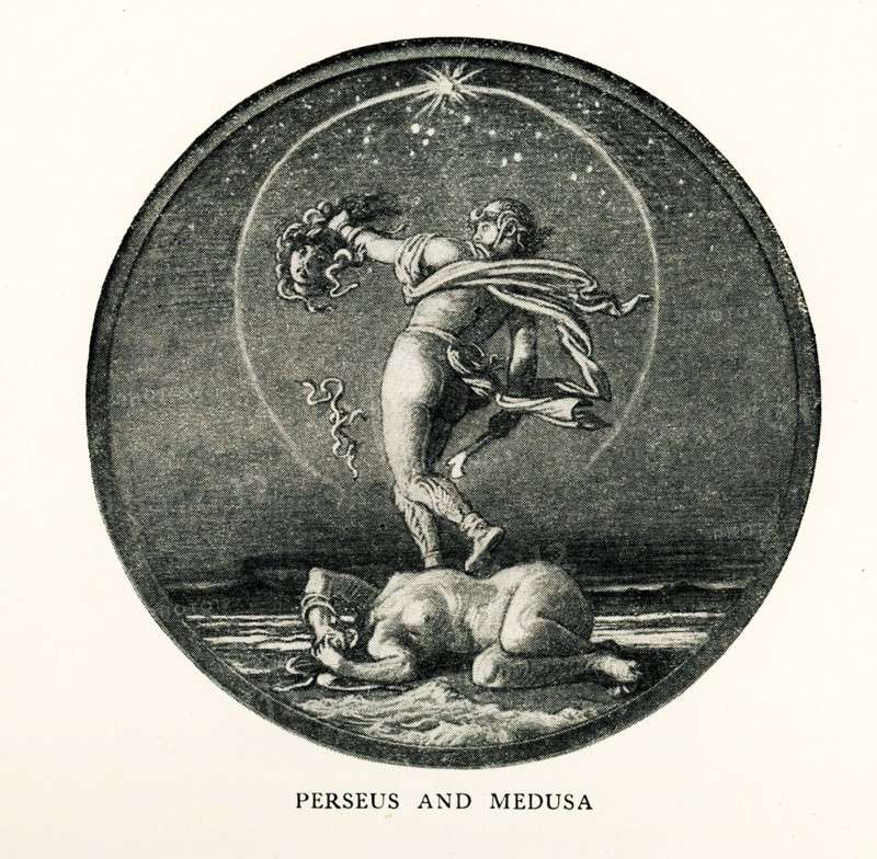 To protect his mother, Danae, the mythical Greek hero Perseus accepted the task assigned him by a king named Polydictes of slaying the monster Medusa, whose hair was snakes and whose eyes turned all to stone who gazed at them. In this 1914 illustration Perseus, prepares to slay Medusa. Helping him find Medusa was his guide, the messenger god Hermes (Mercury to the Romans), and Athena. With them he had found the three daughters of Porcus and Ceto (who was a sister to the Gorgons). They were named Enyo, Pephredo, and Deino and were old from birth. They shared one eye and one tooth, as seen here, which they took turns using. Perseus took the eye and tooth until the sisters gave him the magic knapsack, winged sandals, and helmet that rendered him invisible‚Äîall of which are seen here and helped him get to Medusa and kill her. Elihu Vedder (1836-1923) was an American symbolist painter, book illustrator, and poet, born in New York City. He is best known for his fifty-five illustrations for ...