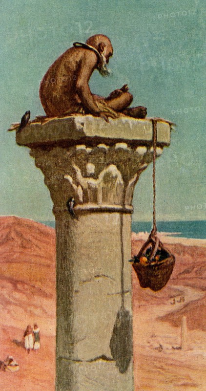 St. Simeon (6th century AD) was a Syrian Christian hermit. He was the first and probably the most famous of the long succession of stylitoe, or ""pillar-hermits"" (also known as ""stylites""), who during more than six centuries acquired by their strange form of asceticism a reputation for holiness throughout the eastern Christian Church. A stylite or pillar-saint is a type of Christian ascetic who lives on pillars, preaching, fasting and praying. Elihu Vedder was an American symbolist painter, book illustrator, and poet, born in New York City. He is best known for his fifty-five illustrations for Edward FitzGerald's translation of The Rubaiyat of Omar Khayyam. .