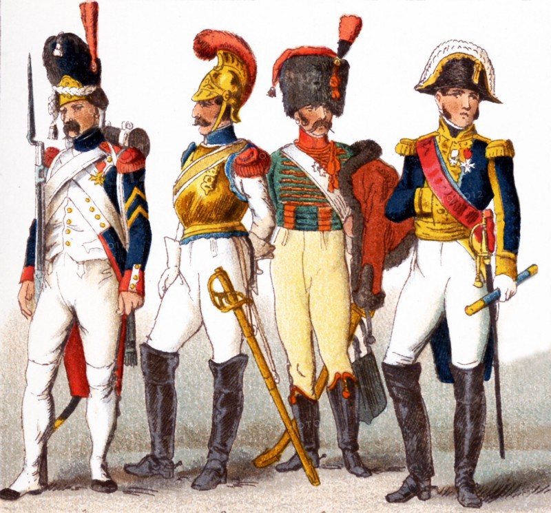 The figures pictured here represent French military in the early 1800s. From left to right, they are: Grenadier of Imperial Guard 1809, Carabineer 1812, chasseur, and General 1810. The illustration dates to 1882.