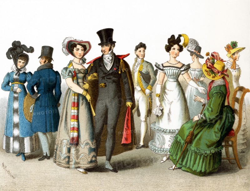 Pictured here are German men and women from 1804-1830. They are from left to right: lady and gentleman in 1814, lady in 1818, gentleman in 1820, gentleman in court costume in 1825, lady in 1827, lady in 1826, lady in 1829, lady in 1824. The illustration dates to 1882.