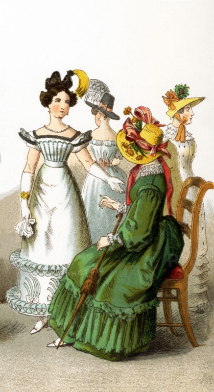 Pictured here are German women. They are from left to right: lady in 1827, lady in 1826, lady in 1829, lady in 1824. The illustration dates to 1882.